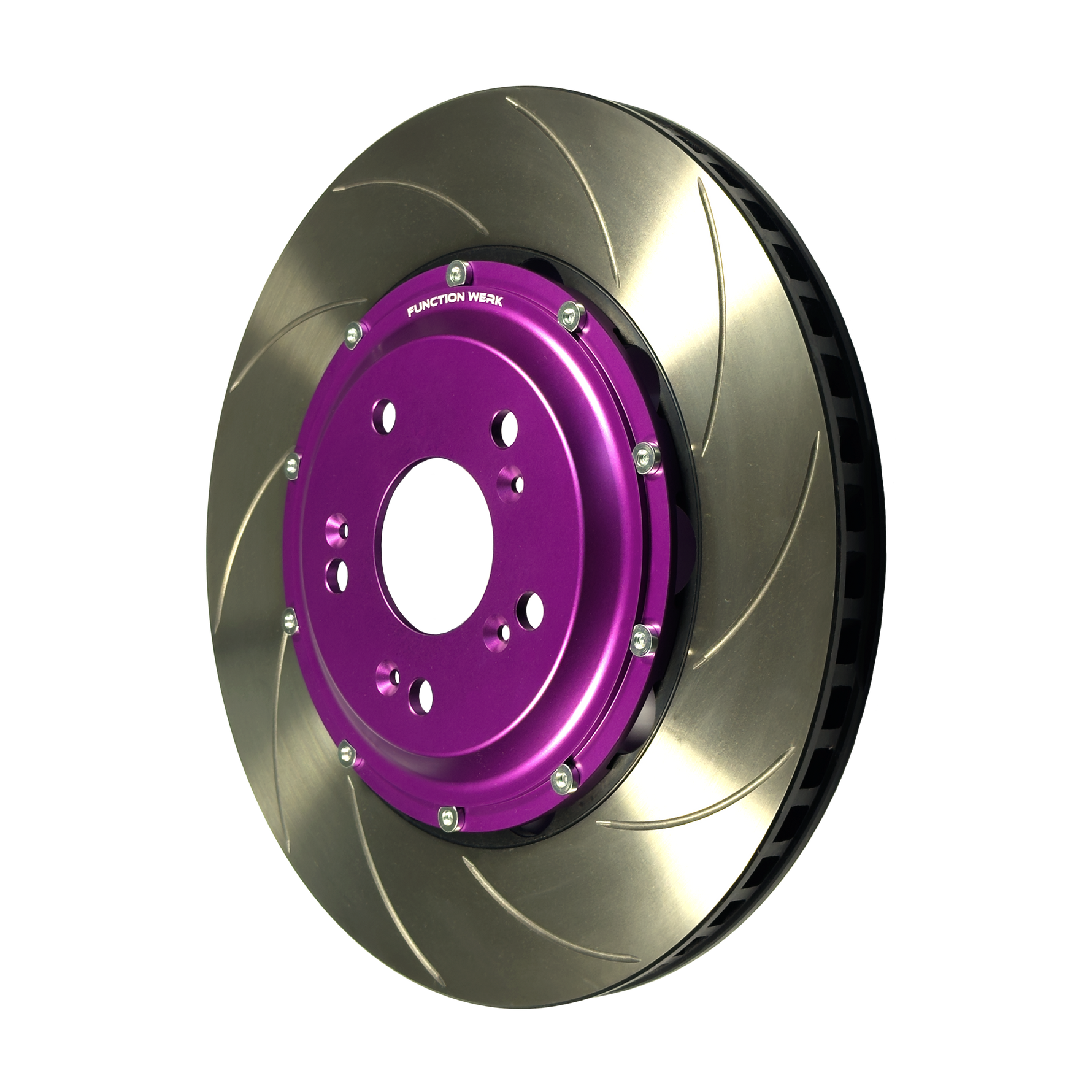 Function Werk slotted front brake rotor three-quarter view for 2021-2025 Acura TLX Type S
